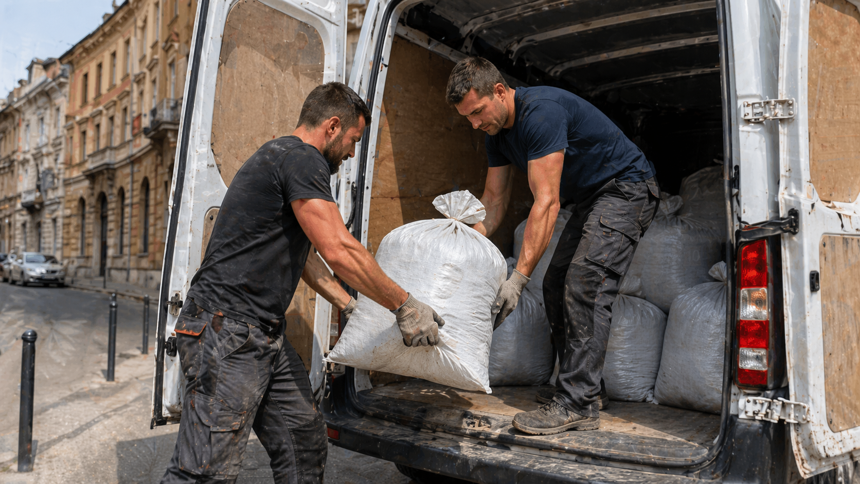 Zsákos sittszállítás rakodás teherautóba